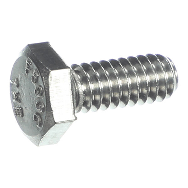A metal hex head screw with a threaded shaft and engraved markings on the head.