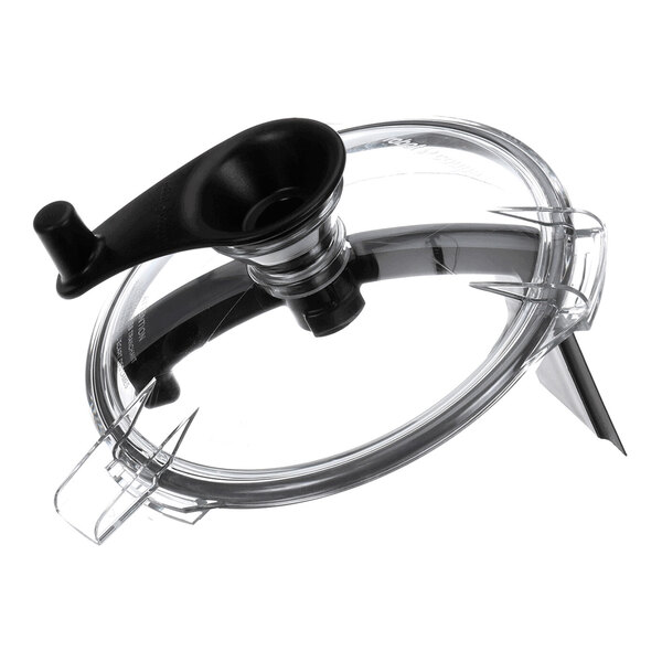 A transparent, oval-shaped plastic lid with a black handle and spout attachment.