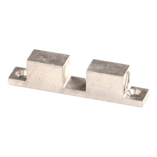 A metallic rectangular latch component with two raised blocks and mounting holes at each end.