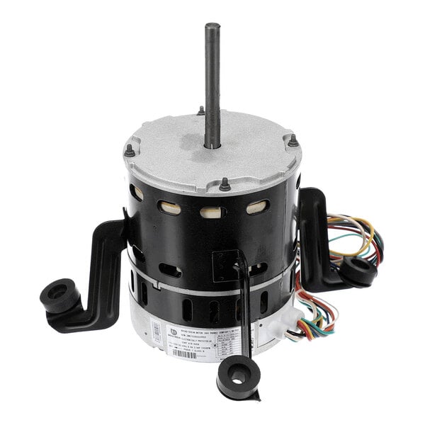 A cylindrical electric motor with a central shaft, black housing, mounting brackets, and several colored wires extending from the side.
