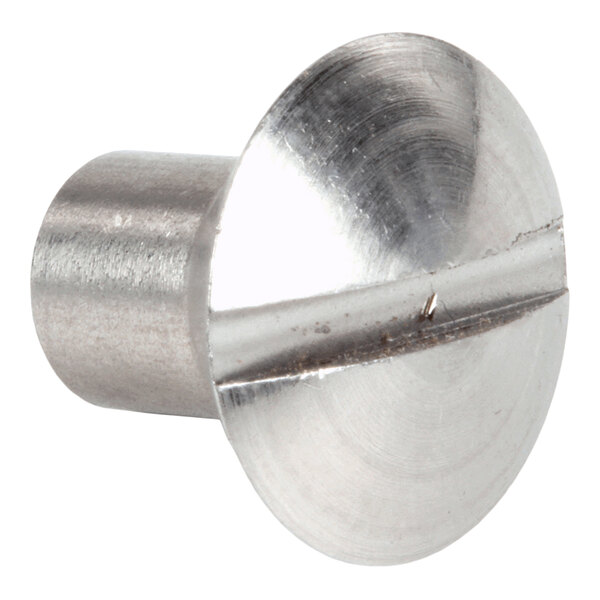 A metallic, cylindrical fastener with a wide, flat, slotted head.