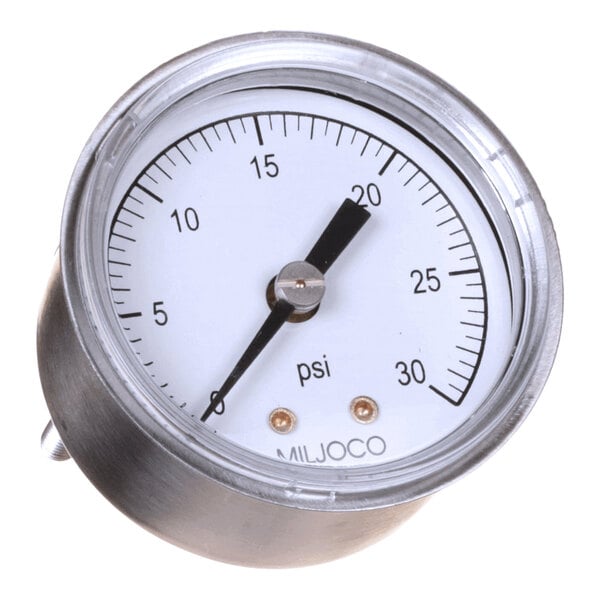 A round analog pressure gauge with a white face, black markings, and a metal casing, displaying measurements in psi from 0 to 30.
