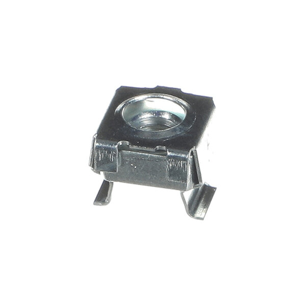 A small, metallic, square-shaped cage nut with a threaded hole in the center and two protruding tabs on the sides.