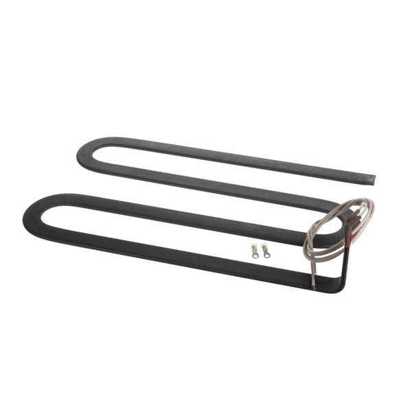 A large, black, U-shaped metal heating element with attached wires and two small metal connectors placed nearby, shown on a white background.
