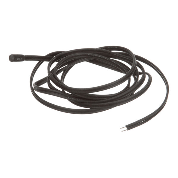 A coiled black cable with a small cylindrical sensor on one end and two exposed wires on the other end.