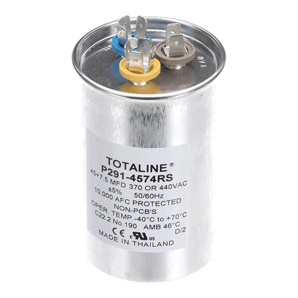 A cylindrical metallic capacitor with three color-coded terminals on top and a label displaying technical specifications.