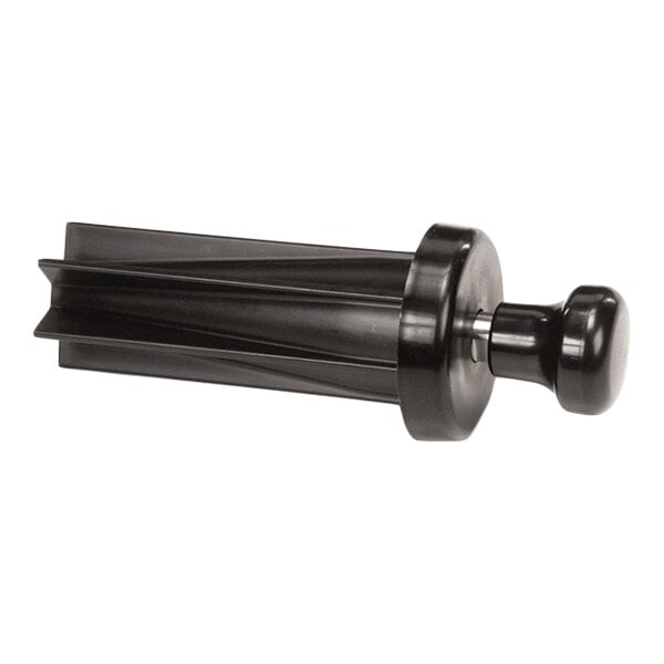 A black plastic cylindrical tool with a handle and fluted sides, likely used as a pusher or plunger for a kitchen appliance.