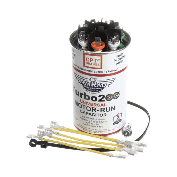 A cylindrical motor-run capacitor with multiple electrical terminals on top, labeled "Turbo200 Universal Motor-Run Capacitor," accompanied by several yellow and black wire connectors.