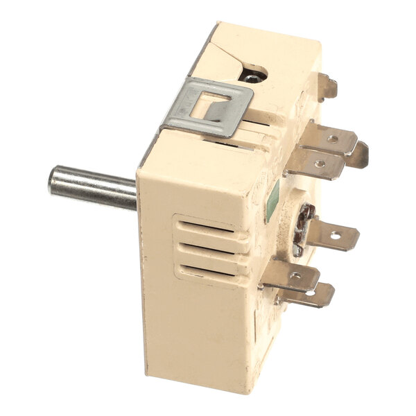 A beige rectangular electrical component with a metal shaft on one side and several metal prongs on the other.