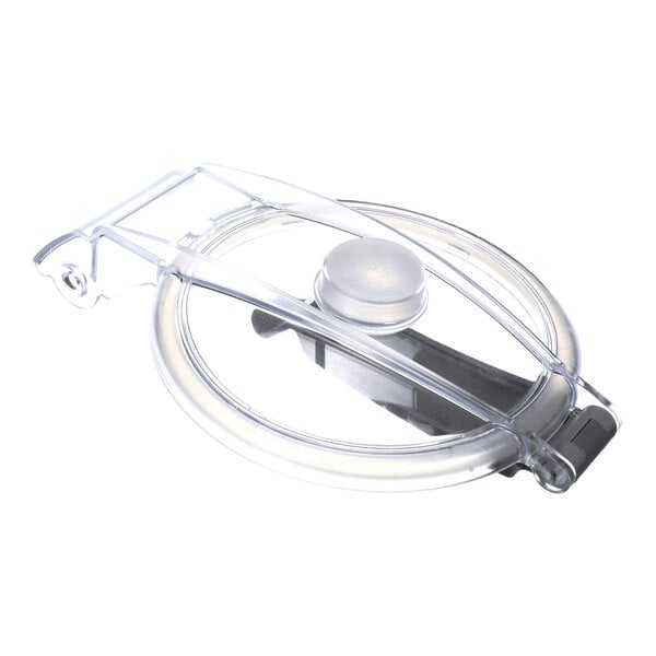A transparent, circular plastic lid with a central knob and attached handle, designed for a container or appliance.