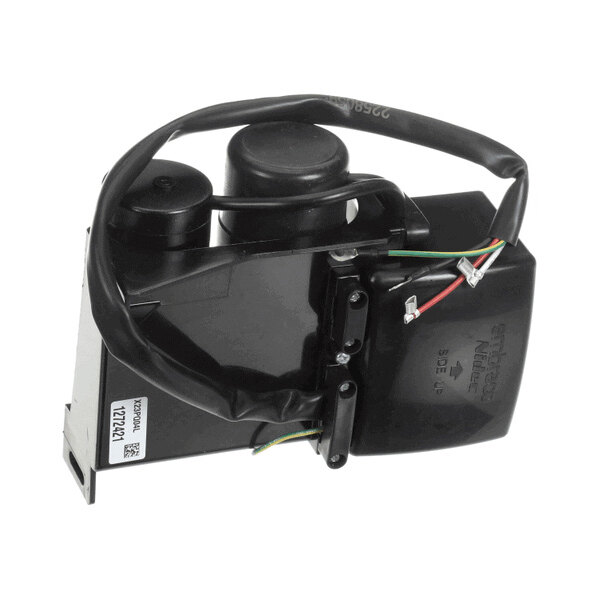 A black electrical component with attached wires and connectors, featuring cylindrical and rectangular shapes, and a label with a barcode.