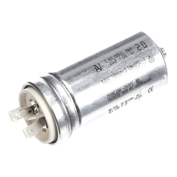 A cylindrical metallic component with electrical terminals on one end, likely an electrical capacitor.