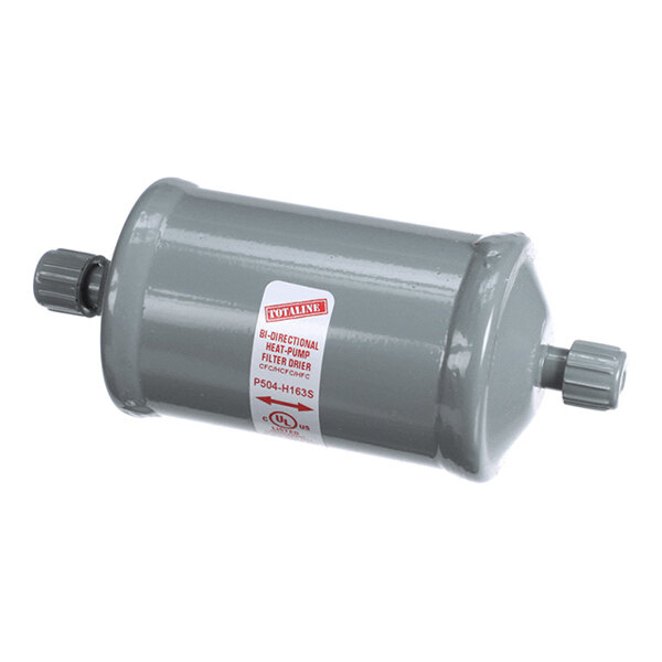 A cylindrical gray metal component with threaded connectors on both ends and a label in the center.