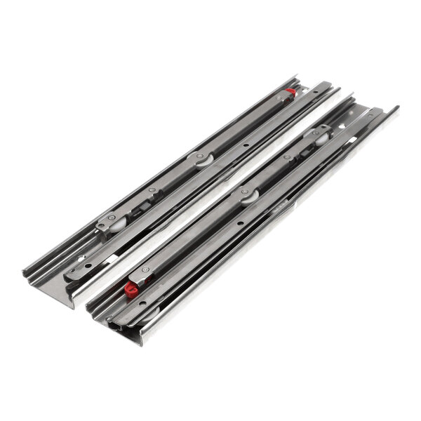 Two metal drawer slides with ball bearings and red plastic components, shown side by side on a white background.