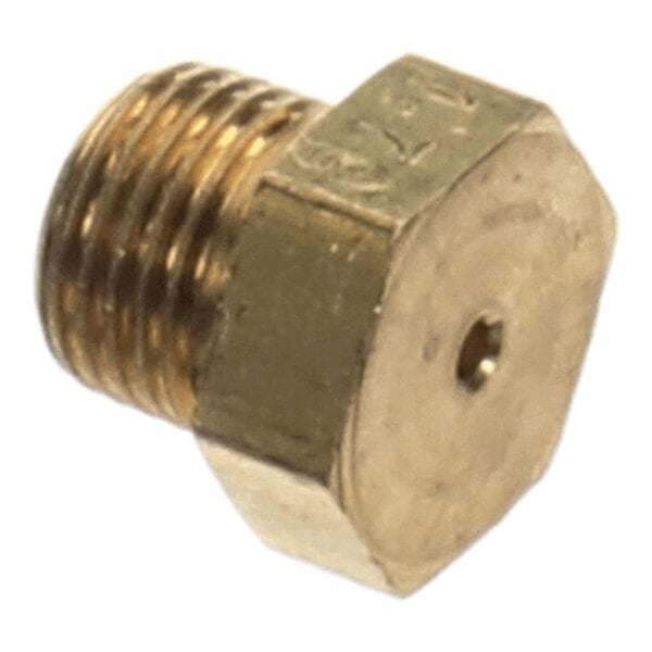 A close-up view of a brass hexagonal orifice fitting with threading on one end and a small central hole on the flat face.