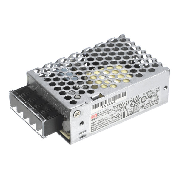 A metal-cased electronic power supply unit with a perforated top cover and labeled side panel, featuring multiple terminal connections on one end.