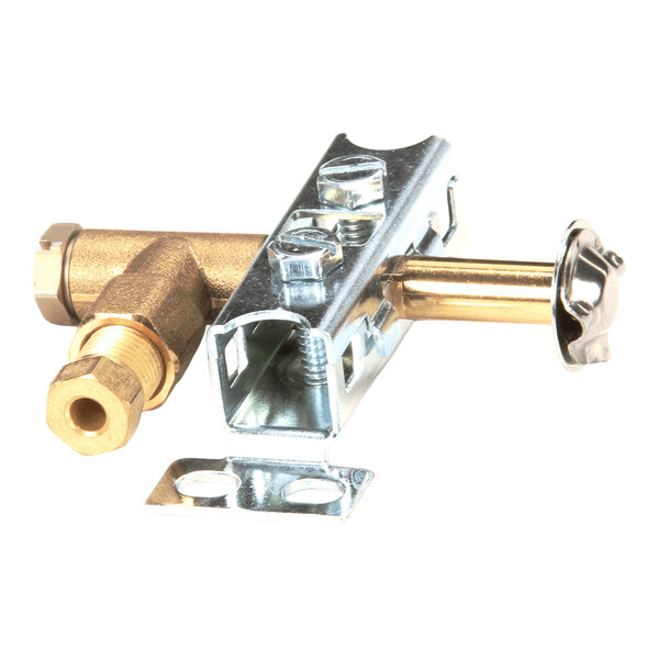 A metallic pilot burner assembly with brass and steel components, including a valve and mounting bracket.