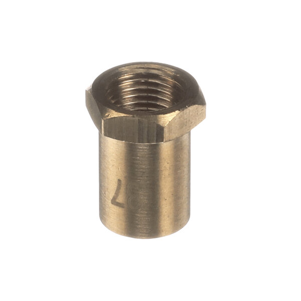 A small, cylindrical brass fitting with internal threading and a hexagonal top edge.