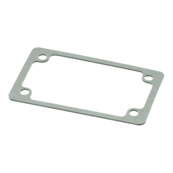 A thin, rectangular gasket with four rounded corners and four circular holes, one near each corner.