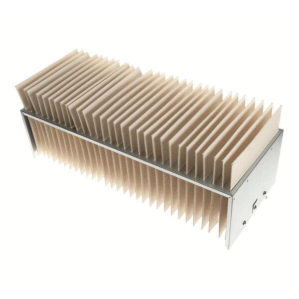 A rectangular metal frame holding multiple evenly spaced, vertical beige pads.