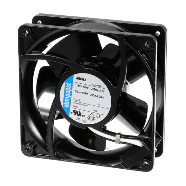 A black square-frame axial fan with a central label displaying technical specifications and wiring attached.