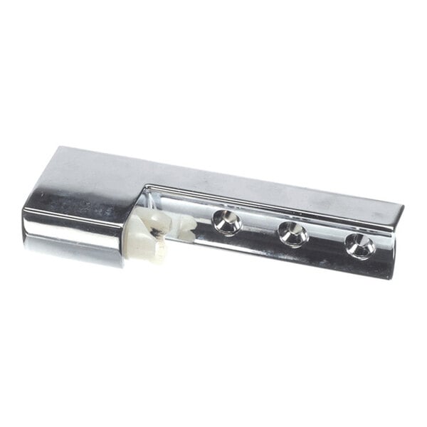 A shiny metallic hinge component with three screw holes and a white plastic part attached at one end.
