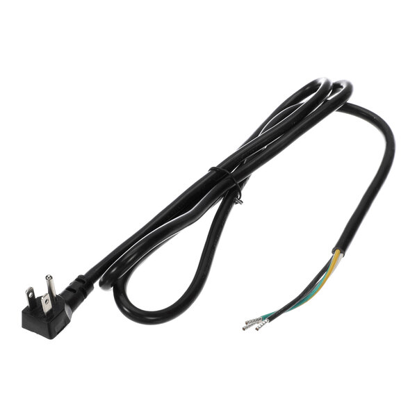 A black electrical power cord with a three-prong plug on one end and three exposed, color-coded wires with ferrules on the other end.
