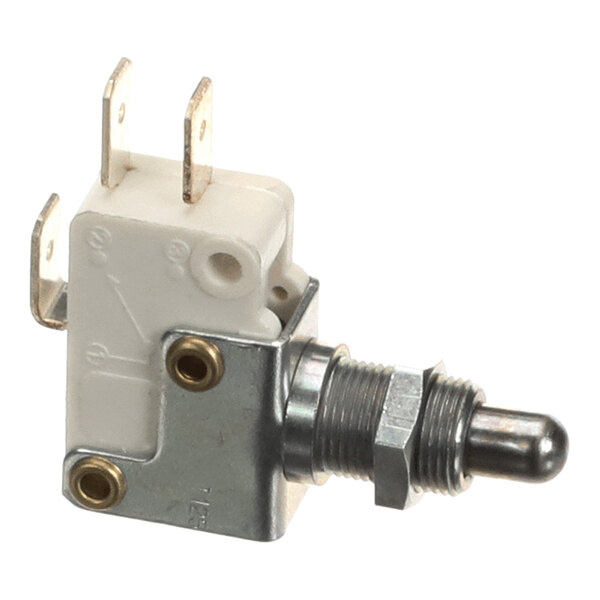 A close-up view of a metal and plastic microswitch with three electrical terminals and a push-button actuator.
