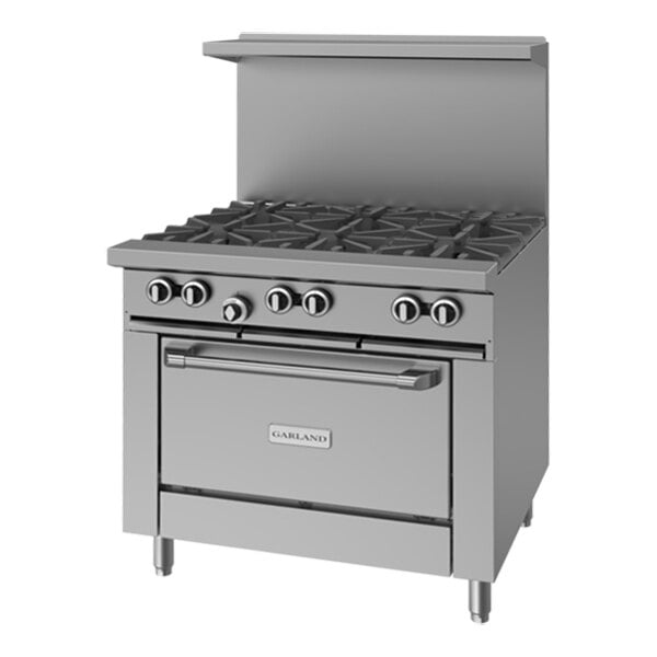 A commercial stainless steel 6-burner range with an oven and backsplash.