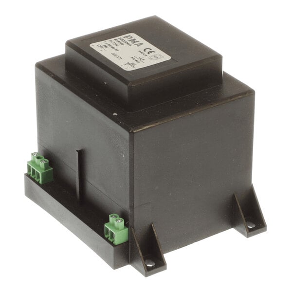 A black rectangular electrical transformer with a label on top and two green terminal connectors on the base.