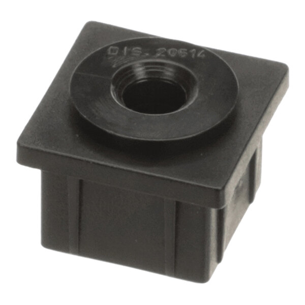 A black, square-shaped plastic component with a central threaded hole and slightly raised circular area on top.