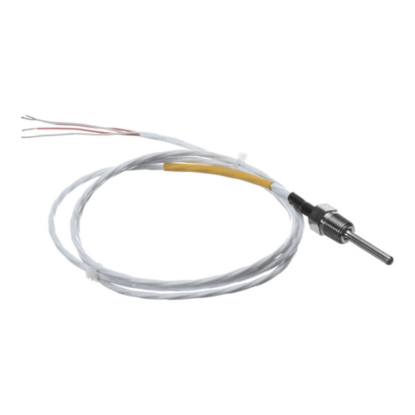 A metal probe sensor attached to a long, coiled wire with three exposed leads at one end.