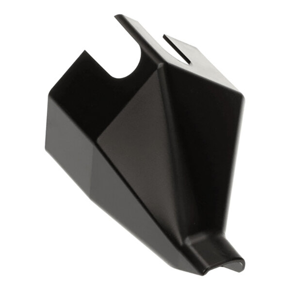 A black, angular plastic component with a chute-like shape and a cutout section.