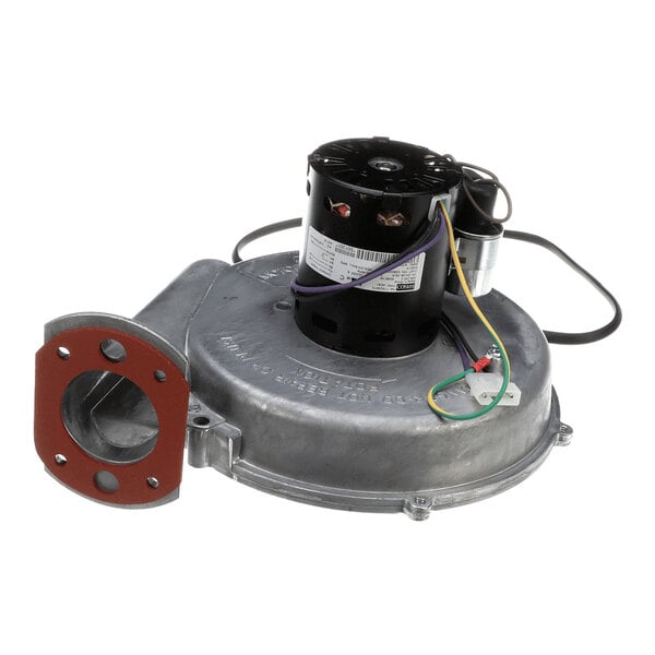 A metal blower assembly with an attached electric motor and visible wiring.