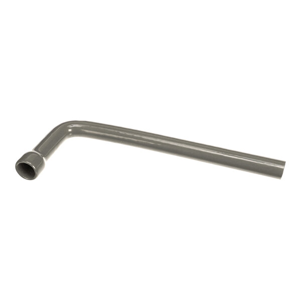 A metallic, L-shaped tube with a threaded end, photographed on a white background.