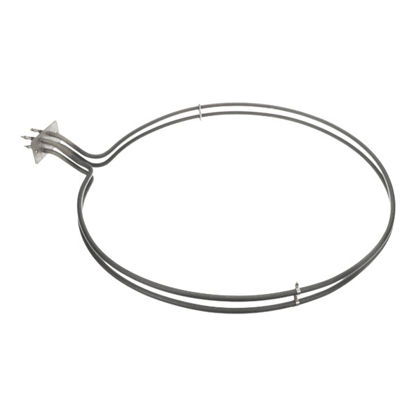 A circular metal heating element with a mounting plate and electrical connectors on one end.