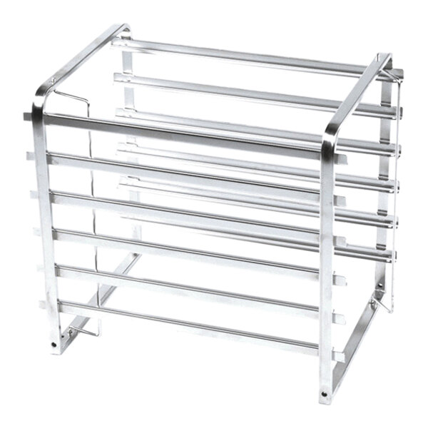 A metal rack structure with multiple horizontal bars and a rectangular frame.