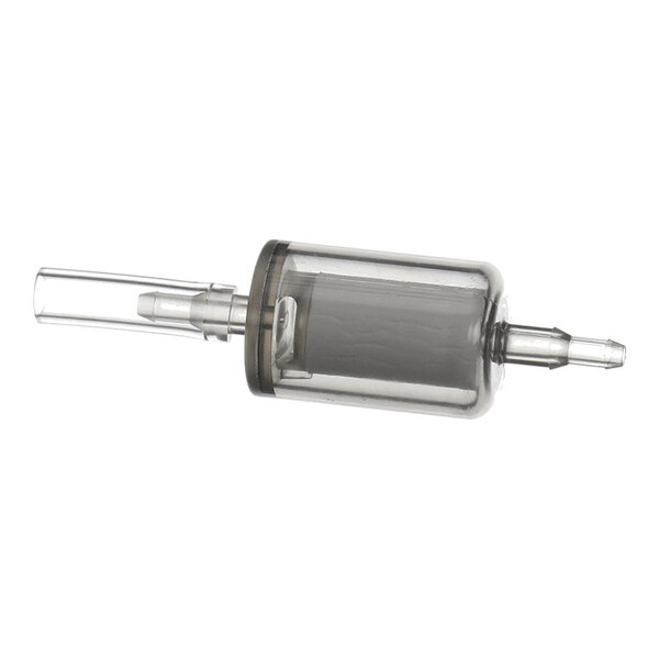 A transparent cylindrical in-line filter with two hose connectors on either end, designed for fluid or air filtration.