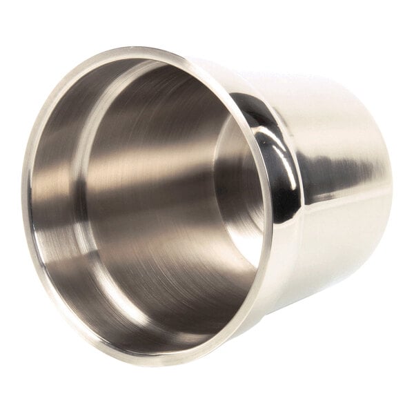 A stainless steel, cylindrical container with a smooth, reflective surface and an open top.