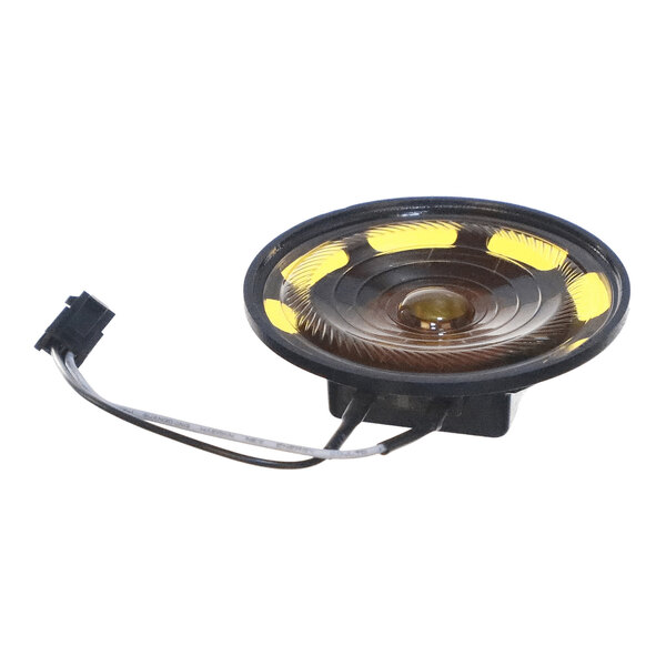 A small round loudspeaker with a black frame, yellow accents, and attached wires ending in a connector.