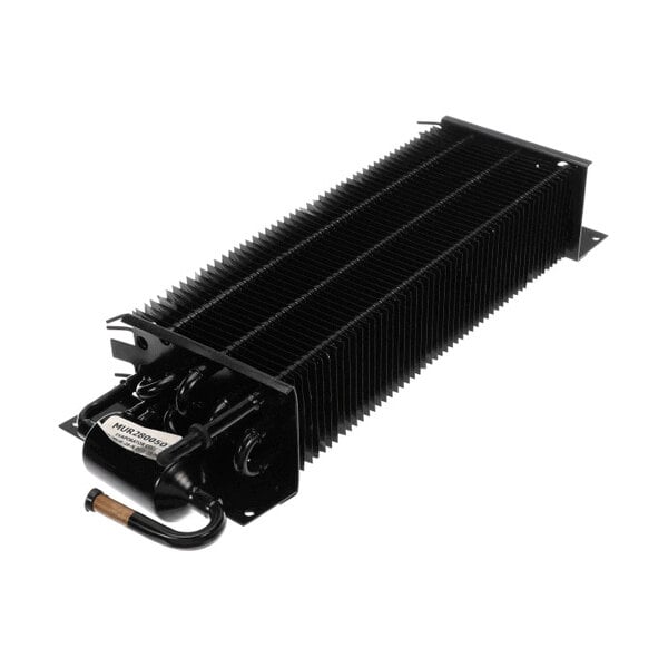 A black metal component with multiple parallel fins and attached tubing, resembling a heat exchanger or evaporator coil.