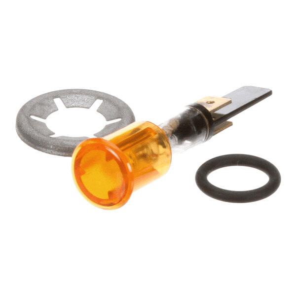 A small round yellow indicator light assembly with a translucent lens, accompanied by a metal washer and a black rubber O-ring.