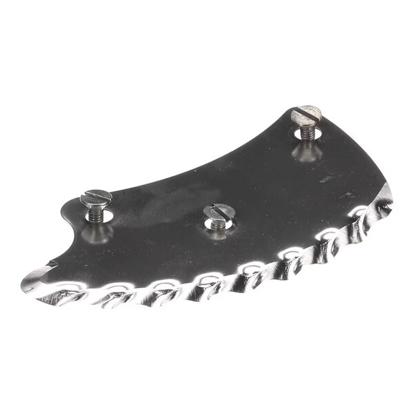 A curved, metallic blade with a wavy, serrated edge and three screws securing it.