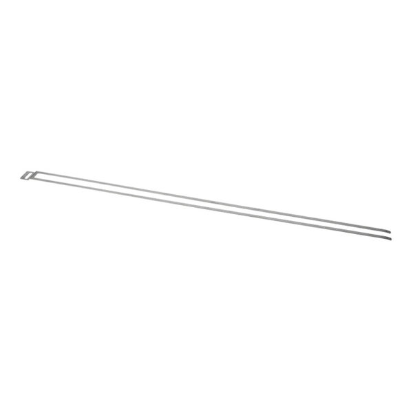 A long, thin, metallic rod with a rectangular loop at one end and two parallel prongs at the other end.