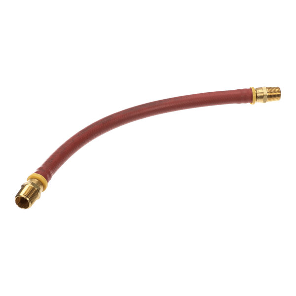 A flexible red hose with brass fittings on both ends.