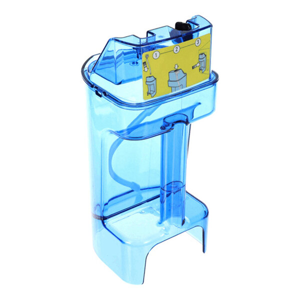 A translucent blue plastic container with a yellow instruction label and internal tubing, likely used for cleaning or maintenance purposes.