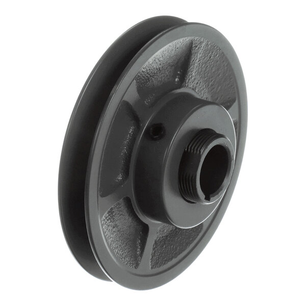 A round, dark-colored metal pulley with a central threaded hole and a grooved outer edge.