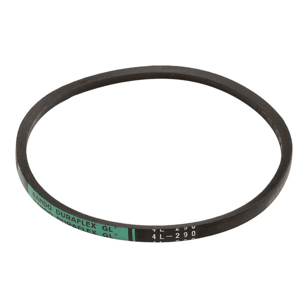 A black circular belt with green and white labeling on one side, displaying text and numbers.
