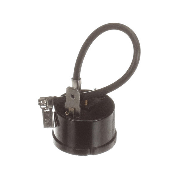 A small cylindrical black electrical component with a looped black wire and metal terminals attached to the top.