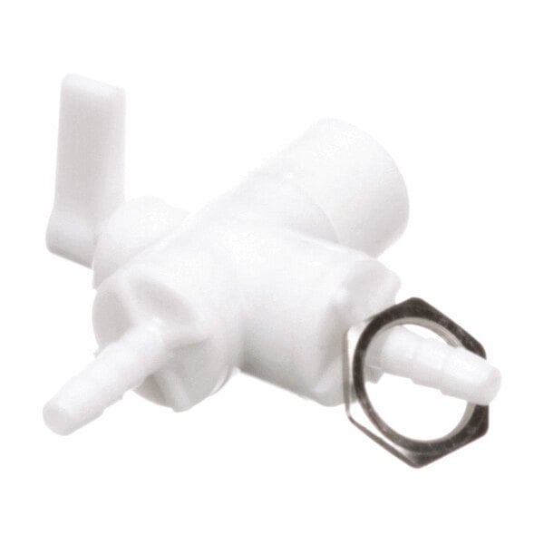 A white plastic three-way valve with a lever handle and a metal ring attached to one of the barbed hose connectors.